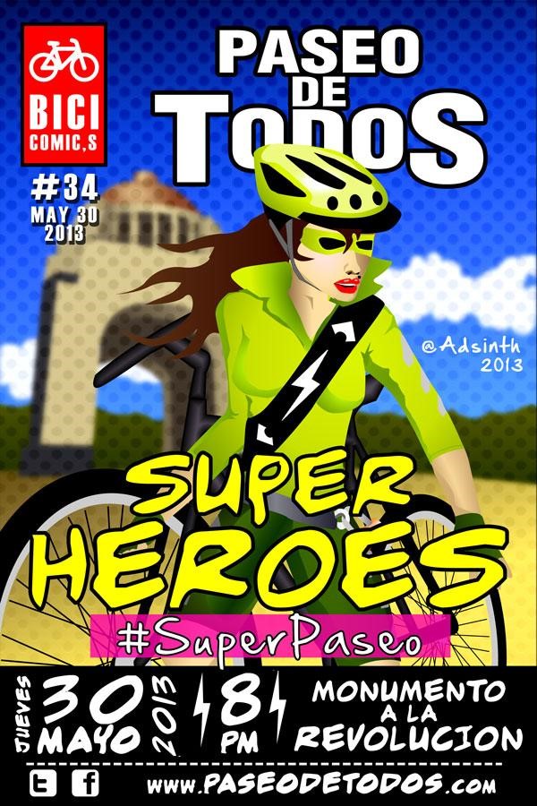 Cartel donde se invita a la rodada Paseo de Todos con fecha 30 de mayo de 2013 y caricatura de mujer ciclista con Monumento a la Revolución de fondo